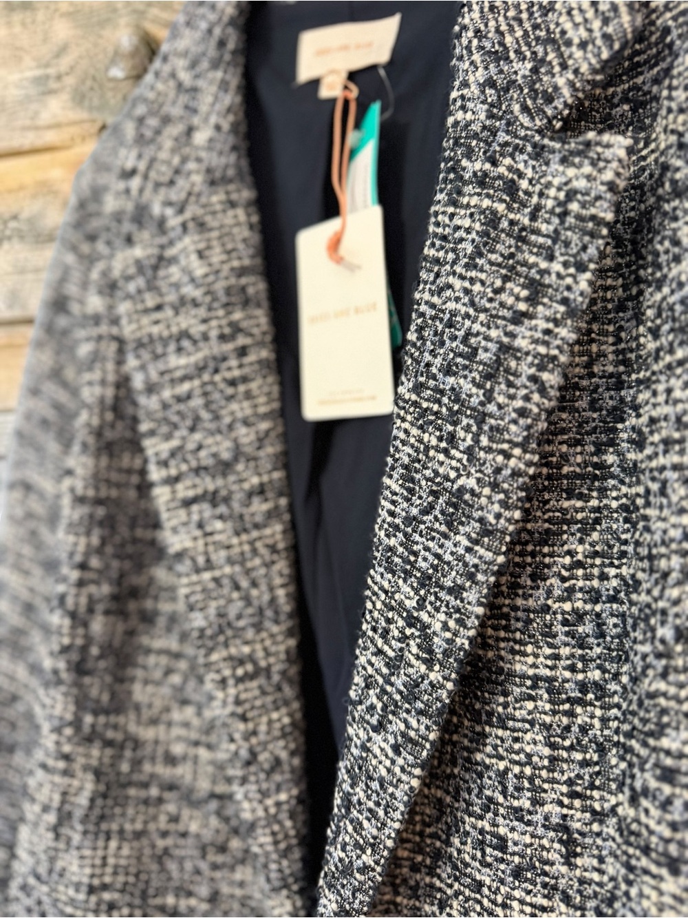 NWT Skies Are Blue Tweed Blazer L Navy Cream Boucle Frayed Hem Chanel-Style - Picture 6 of 8